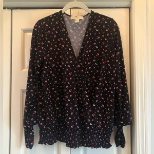 Michael Kors faux wrap black & red blouse with smocked waist and tie at wrists,L